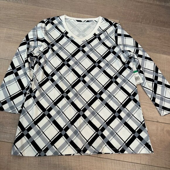 KIM ROGERS BLACK AND WHITE WOMENS 3/4 SLEEVE SHIRT NEW PETITE LARGE - Picture 1 of 9